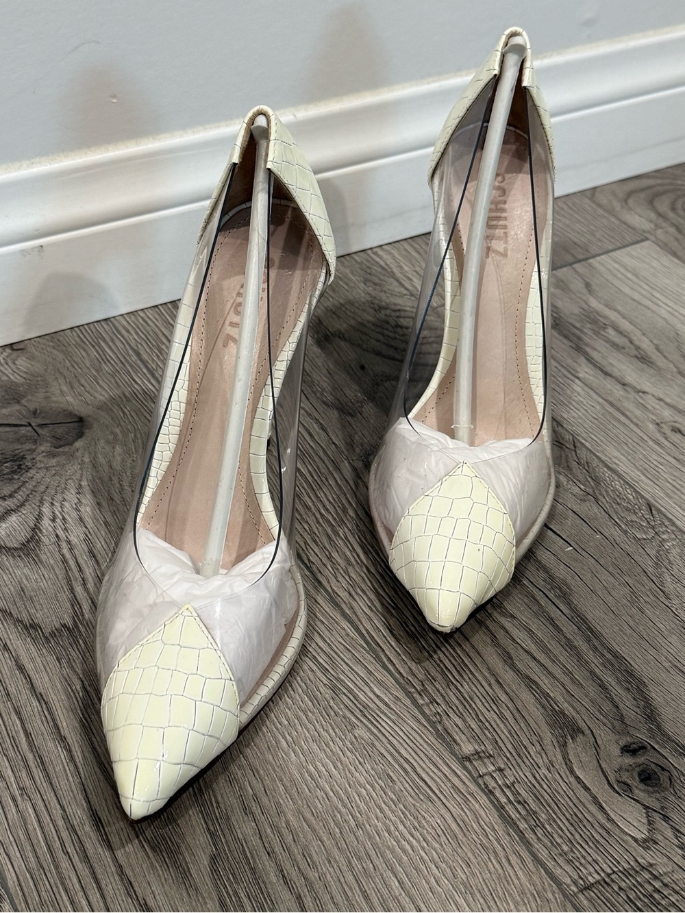 SCHUTZ Two-Tone Croc Pointed Toe Pumps in Cream and Pale Yellow